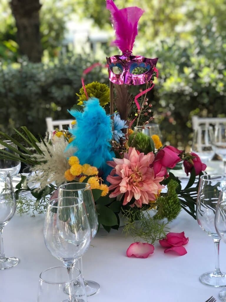Tropical floral centerpiece at a private celebration
